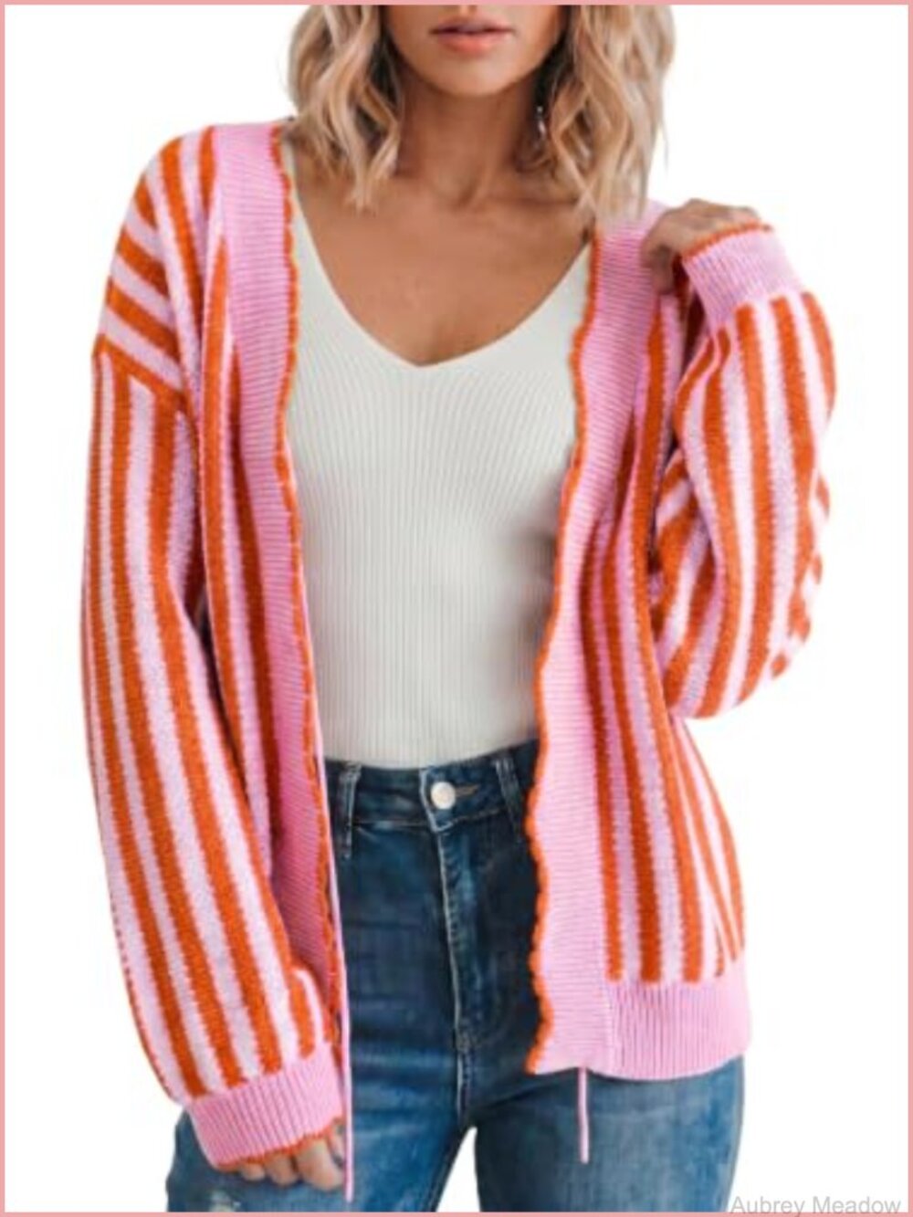 Striped Cardigan Sweater Cotton Acrylic Cropped Knit Long Sleeve Layering